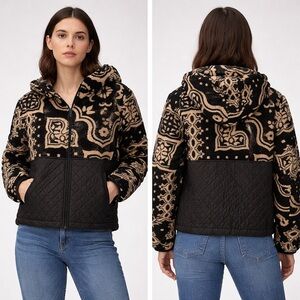 Spyder NWT Womens Black Beige Sherpa Patterned Quilted Puffer Jacket Zip Front